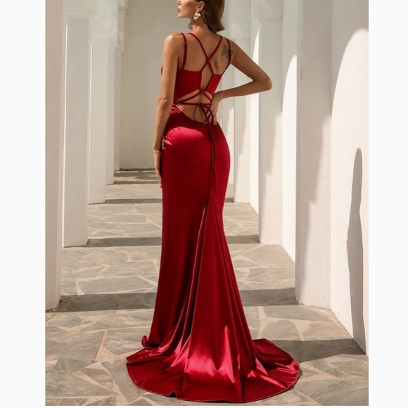 Women's Summer Dress Lace Up Back Satin Bridesmaid, Prom, evening Dress - Picture 5 of 16